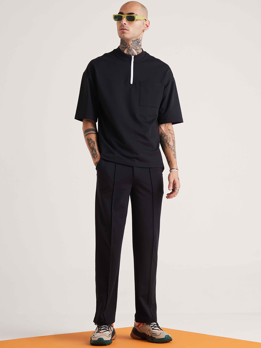 Muvazo High Neck Straight Fit T-Shirt With Trouser Co-Ords