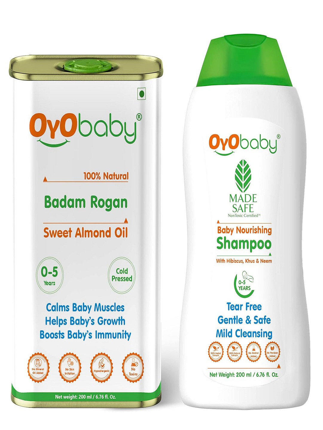 OyO Baby Kids Set of 2 Baby Shampoo & Badam Rogan Pure Sweet Almond oil 200ml Each