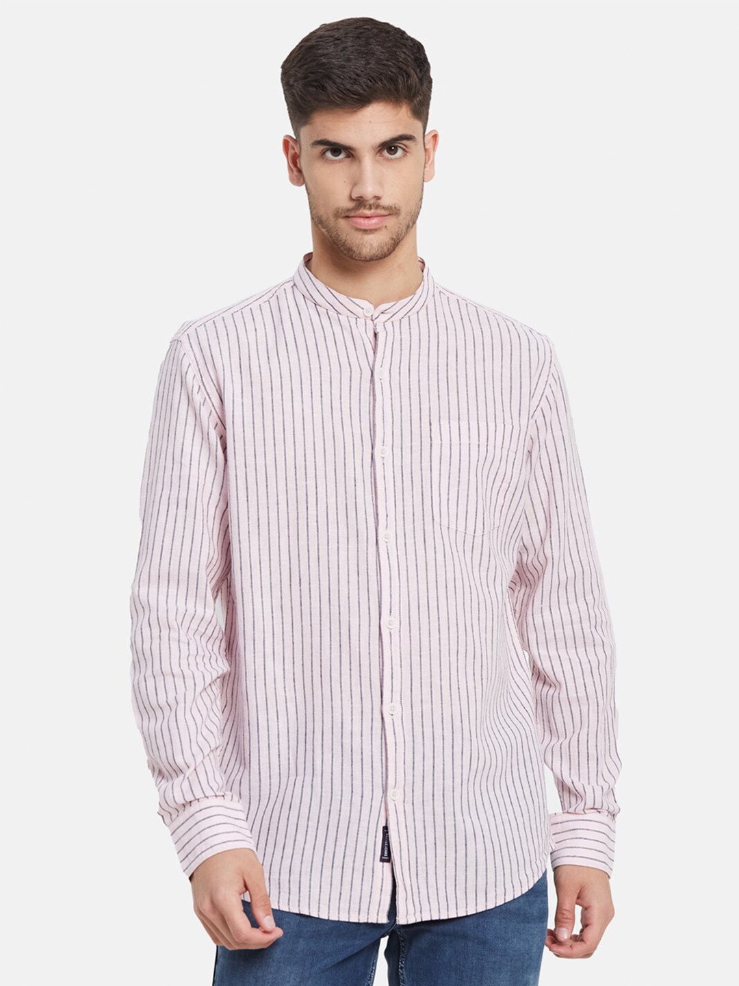 METTLE Mandarin Collar Vertical Striped Cotton Casual Shirt