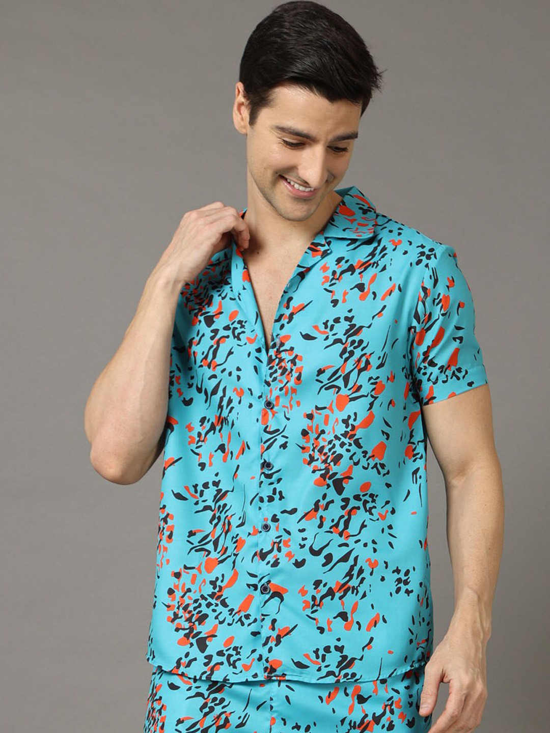 Bushirt Abstract Printed Lapel Collar Shirt & Shorts Night Suit