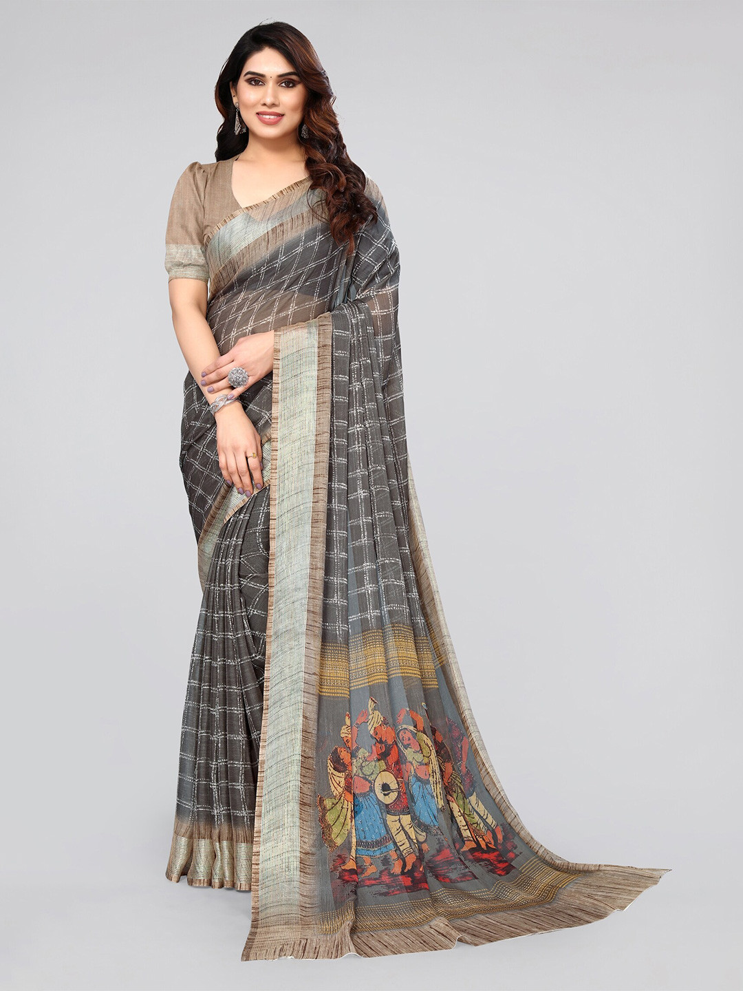 MIRCHI FASHION Grey Checks Zari Poly Chiffon Saree