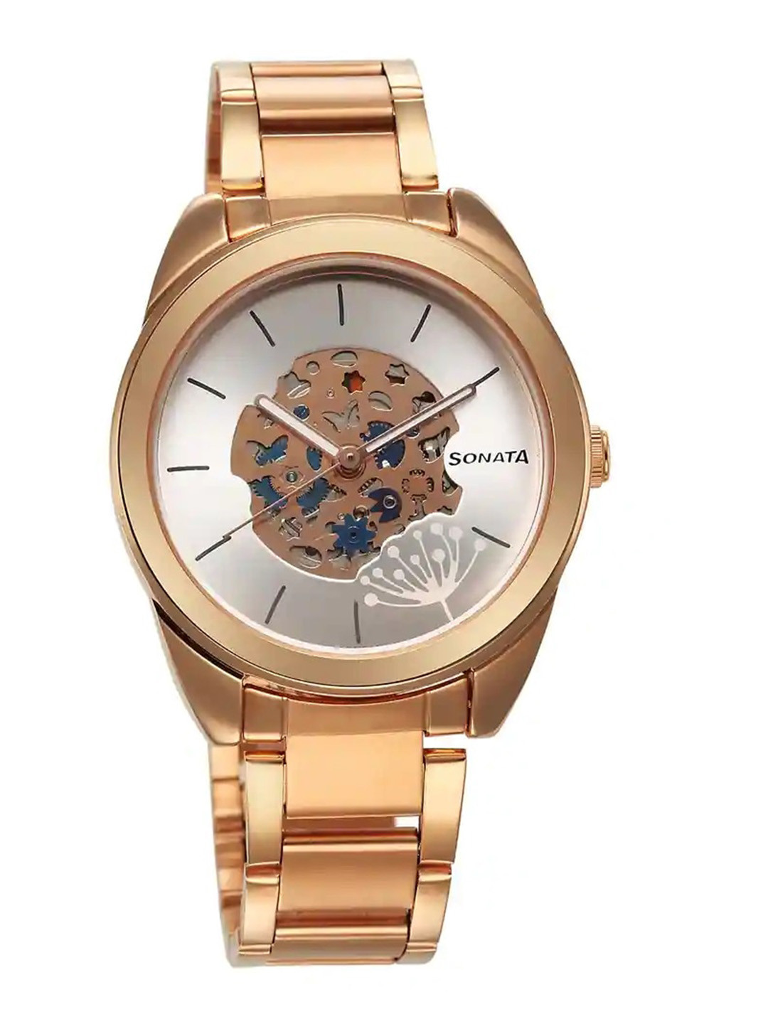 Sonata Women Silver-Toned Brass Skeleton Dial & Stainless Steel Straps Analogue Watch 8182WM01