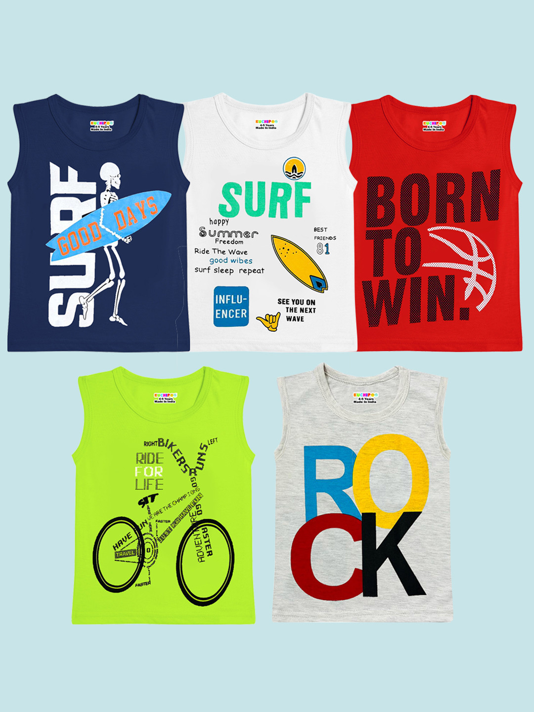 KUCHIPOO Boys Pack Of 5 Printed Sleeveless T-Shirts