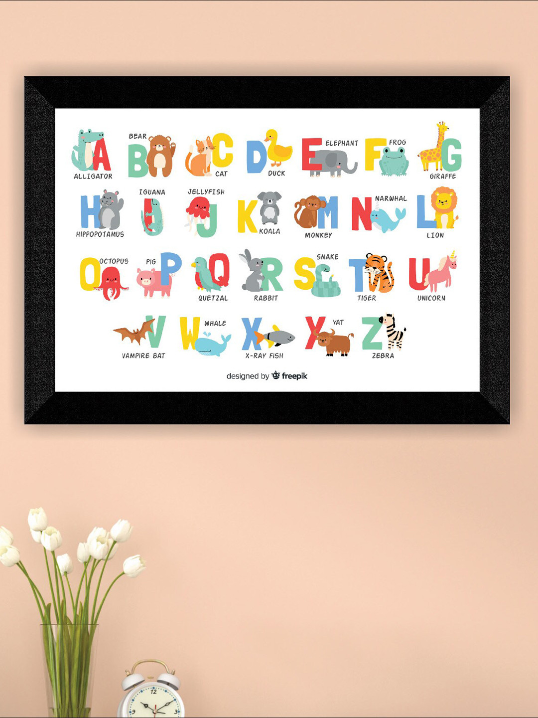 SAF White & Yellow Animal Alphabets Printed UV Coating Wall Painting