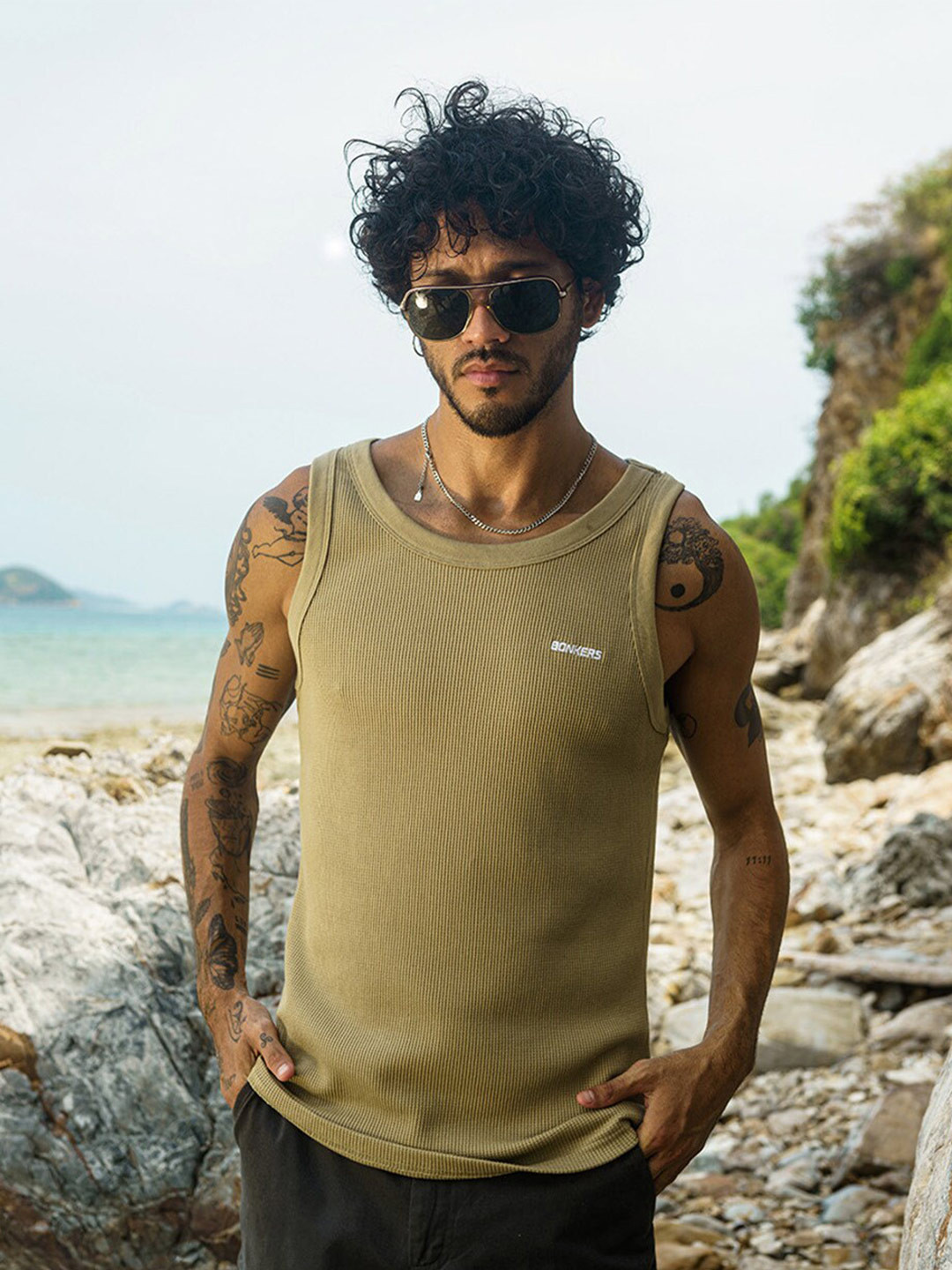 Bonkers Corner Beige Self Design Round Neck Cotton Innerwear Vest
