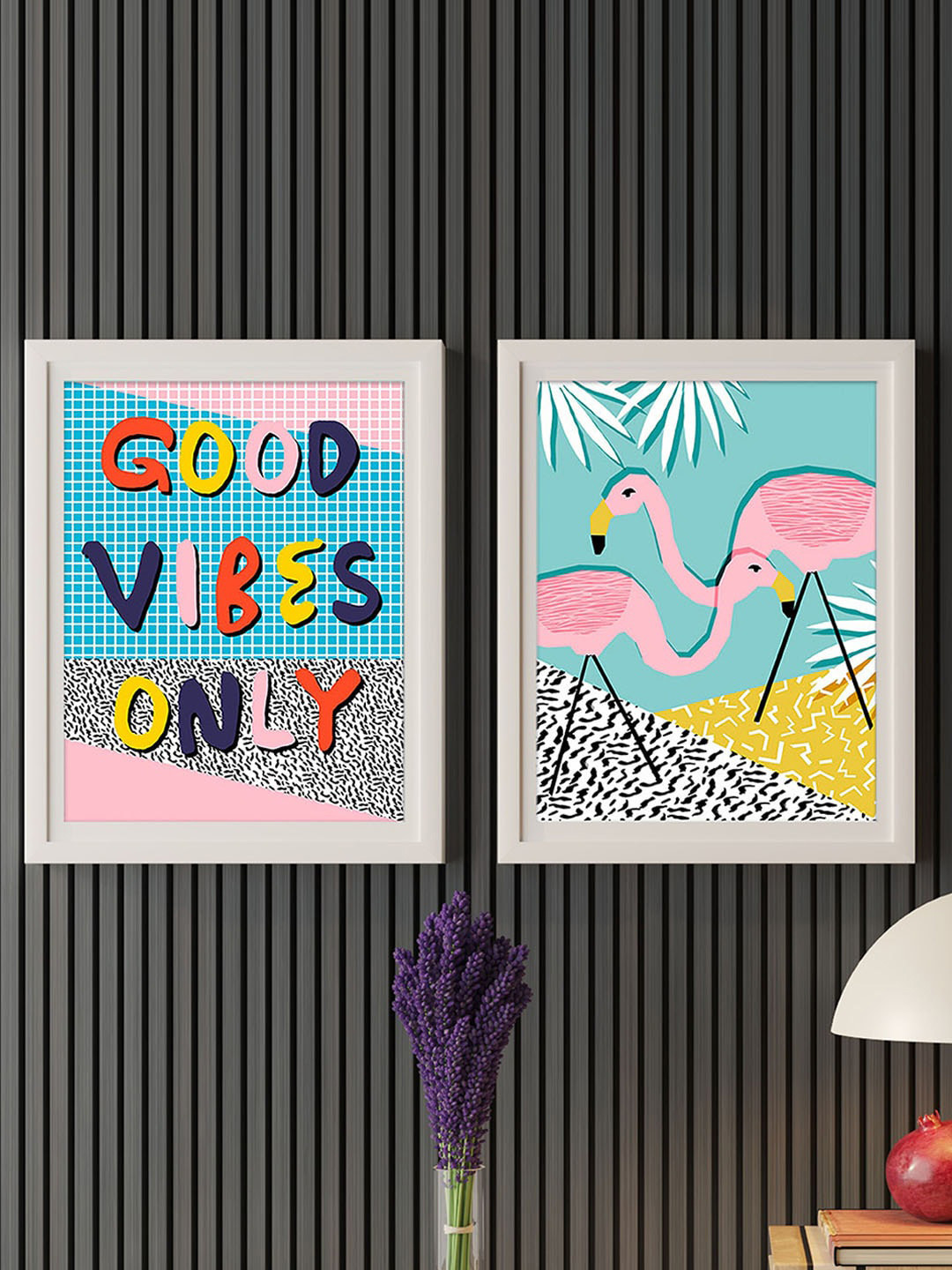 Art Street Pink 2 Pieces Printed Good Vibe Only & Flamingo Wall Arts
