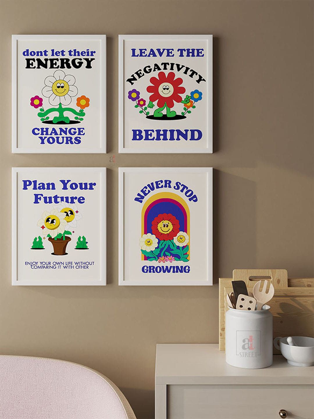 Art Street White & Blue 4 Pieces Framed Motivational Quotes Wall Arts