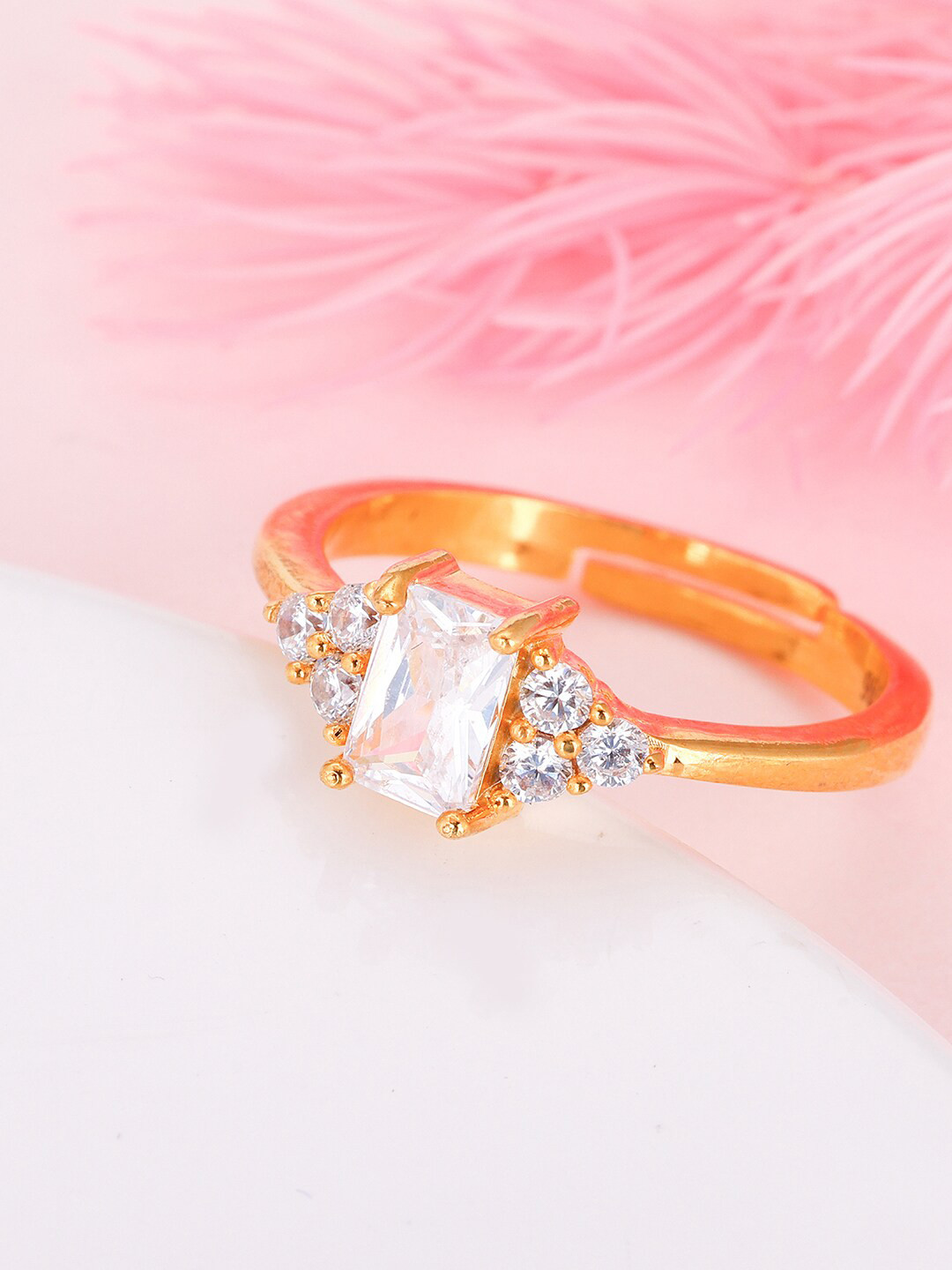 GIVA 925 Sterling Silver Gold-Plated Cubic Stone Studded Adjustable Finger Ring