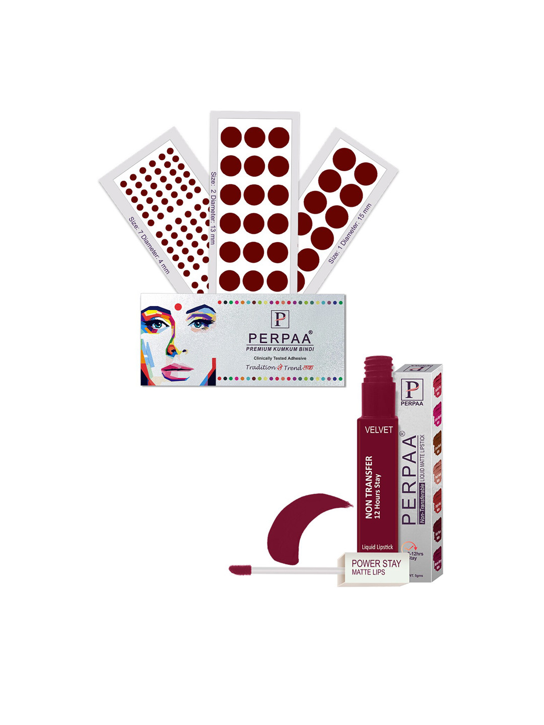 PERPAA Set Of 4 Dark Maroon Bindi Flaps & Power Stay Non Transfer Lipstick - Maroon