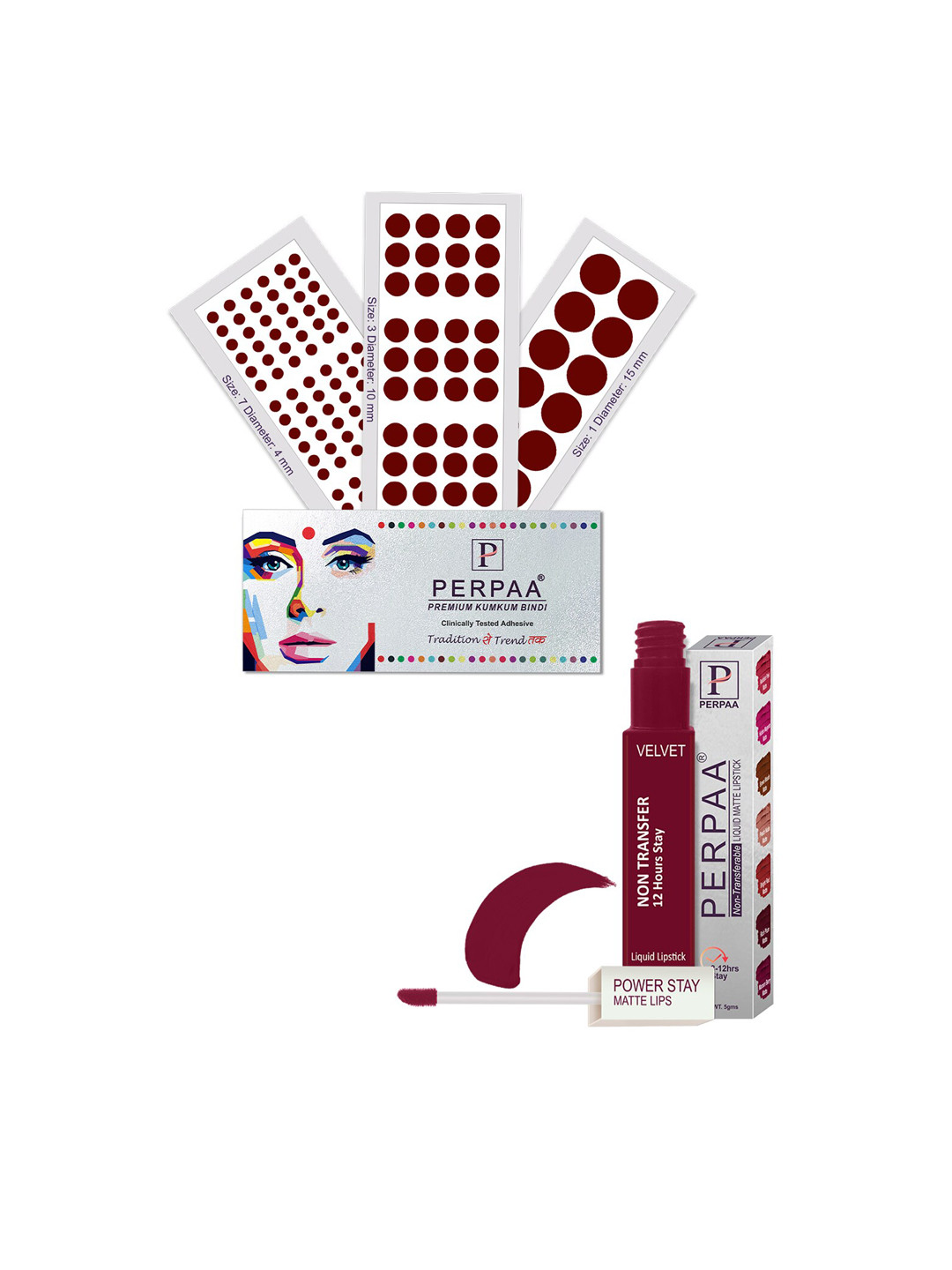 PERPAA Set Of 4 Dark Maroon Bindi Flaps & Power Stay Non Transfer Lipstick - Maroon