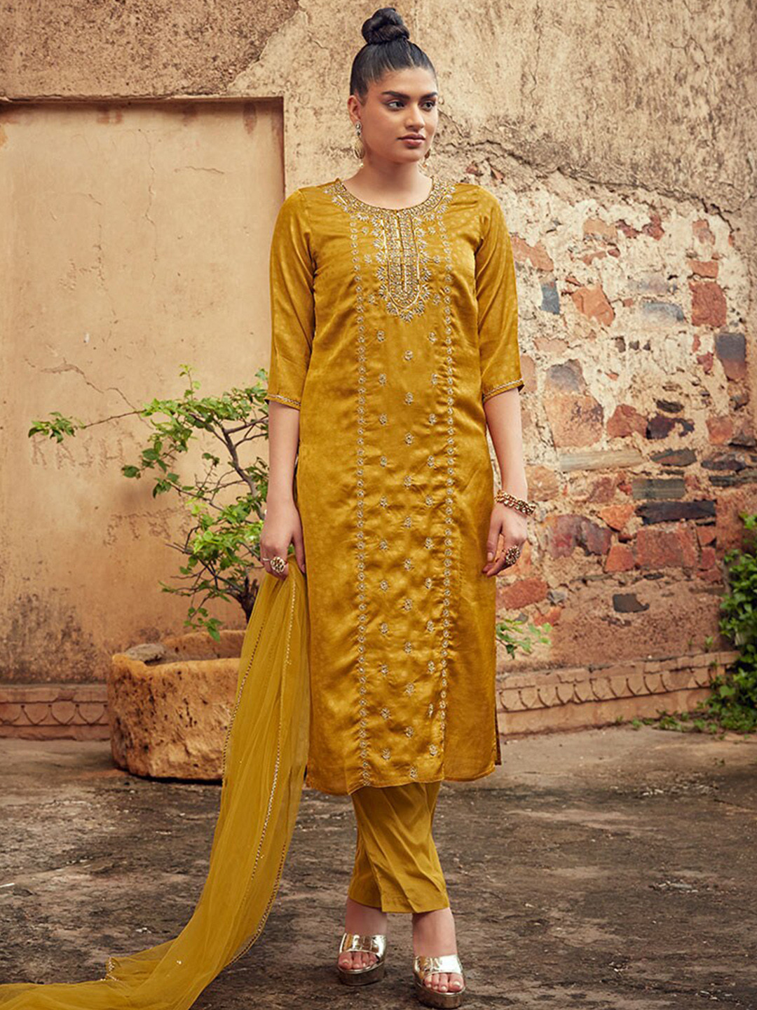 Jaipur Kurti Mustard Yellow Floral Embroidered Zardozi Kurta with Trousers & Dupatta