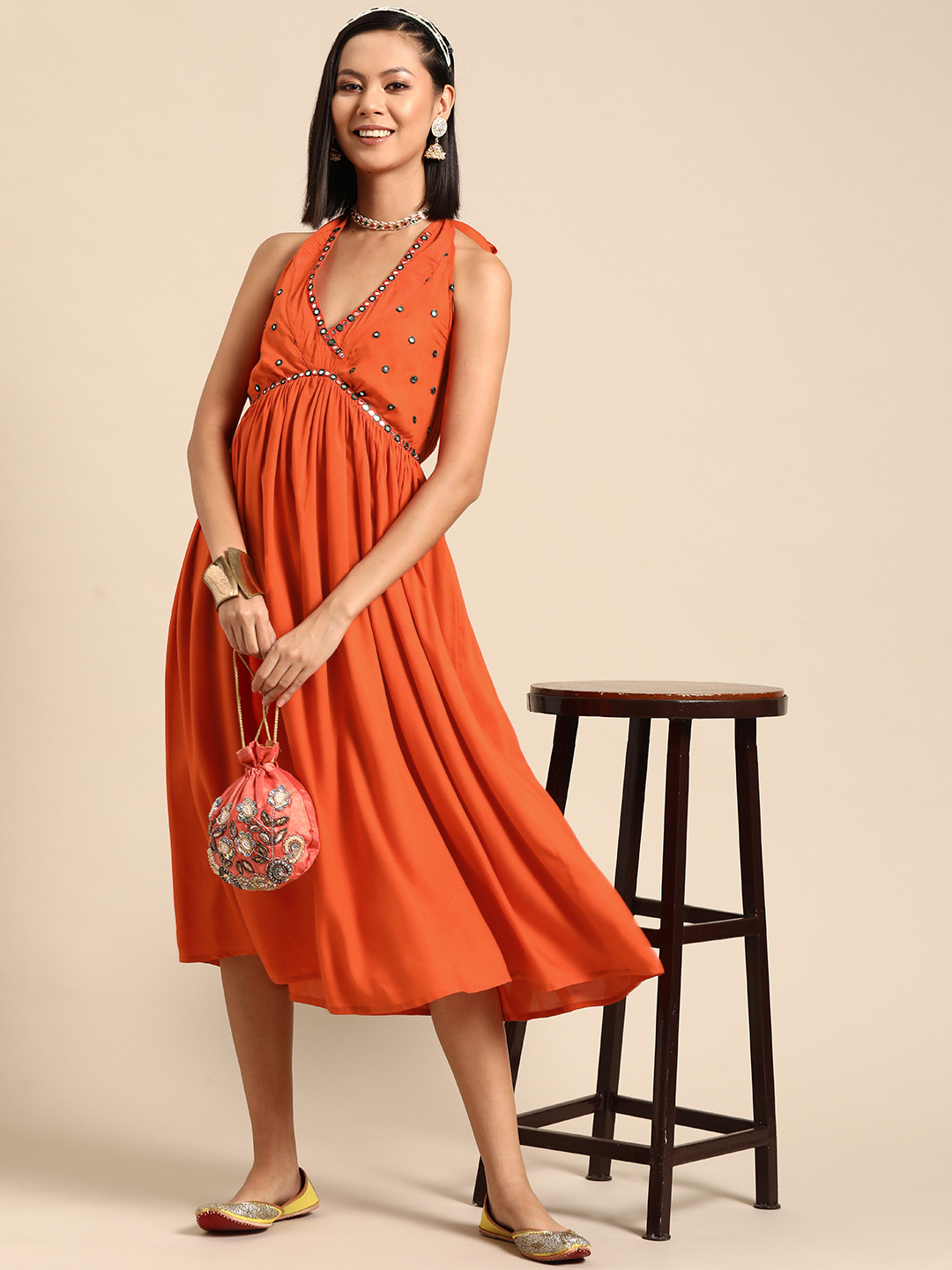 Sangria Halter Neck Mirror Work Empire Midi Dress