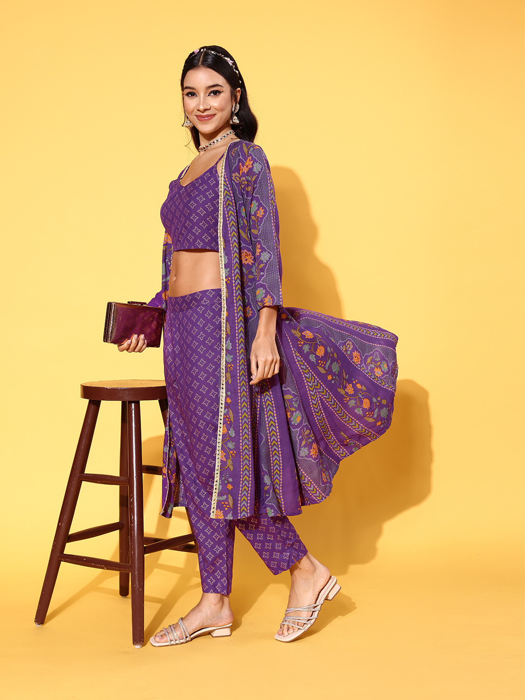 Sangria Floral Printed Front Slit Layered Kurta with Trousers