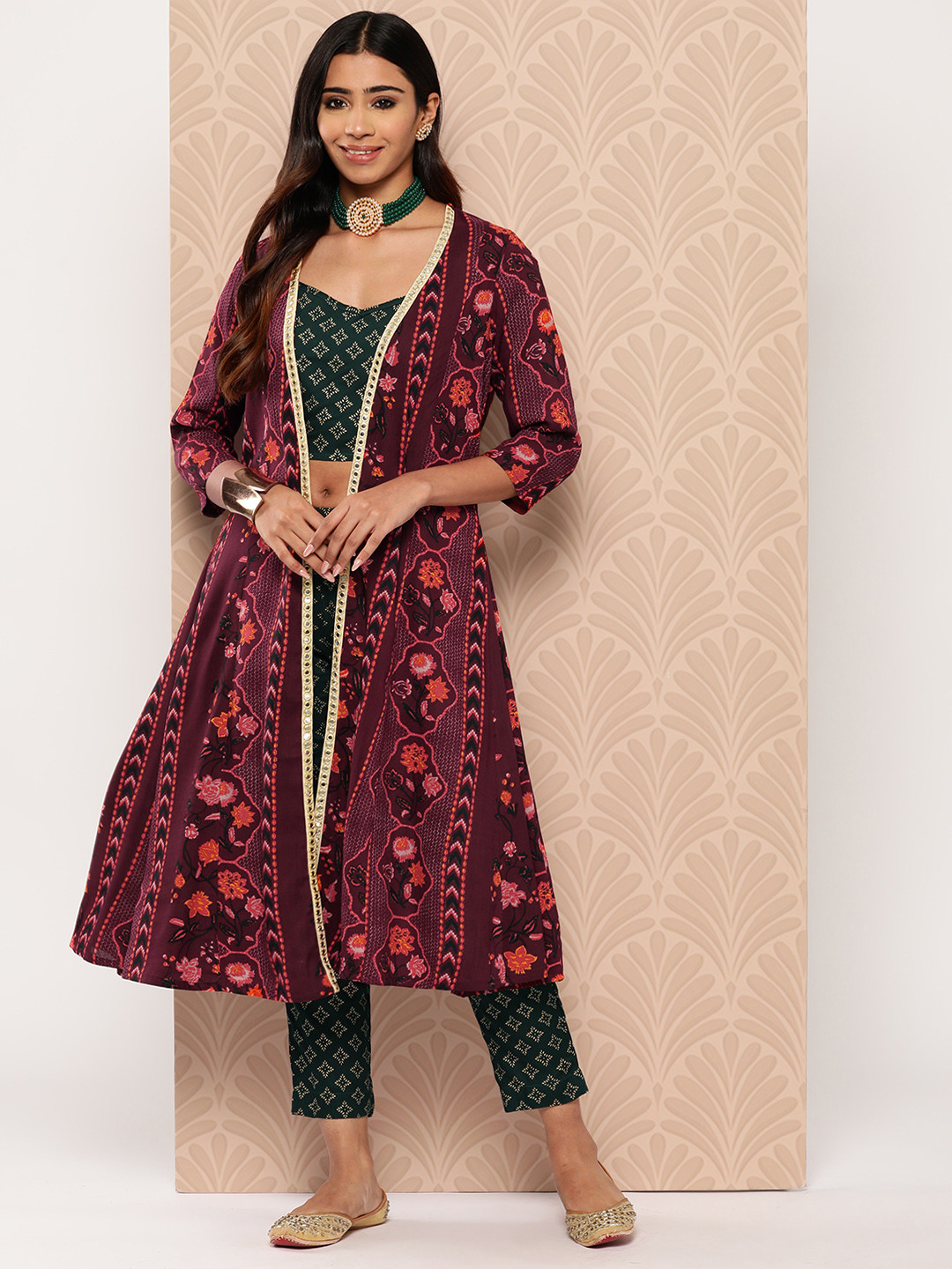 Sangria Printed Co-Ords with Open Front Shrug