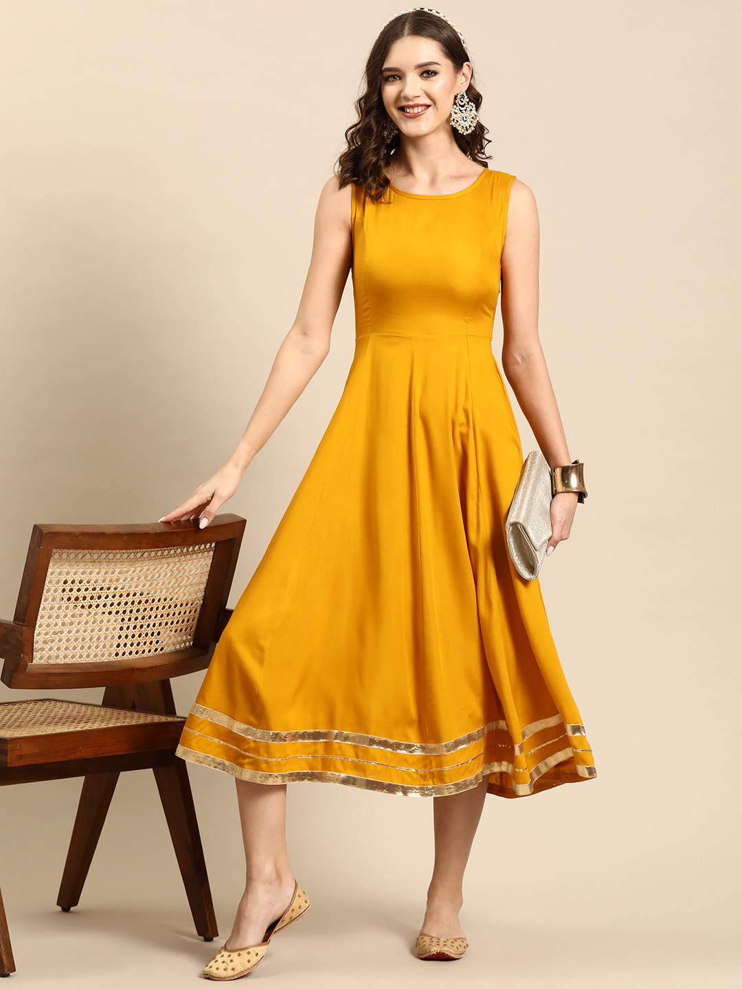 Sangria Back Lace-Up Gotta Patti Midi Fit & Flare Ethnic Dress