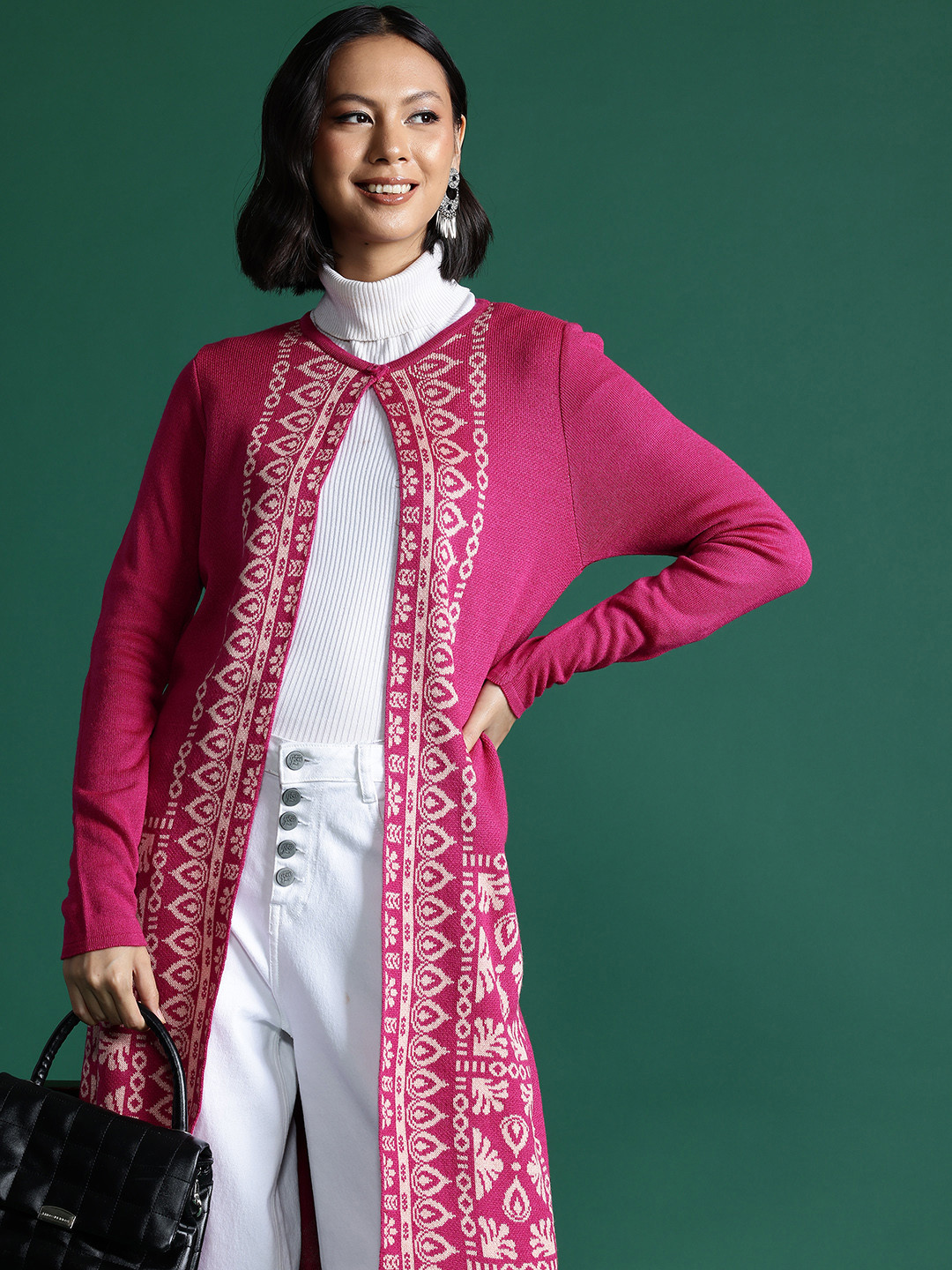 Sangria Acrylic Ethnic Motif Self Design Longline Cardigan