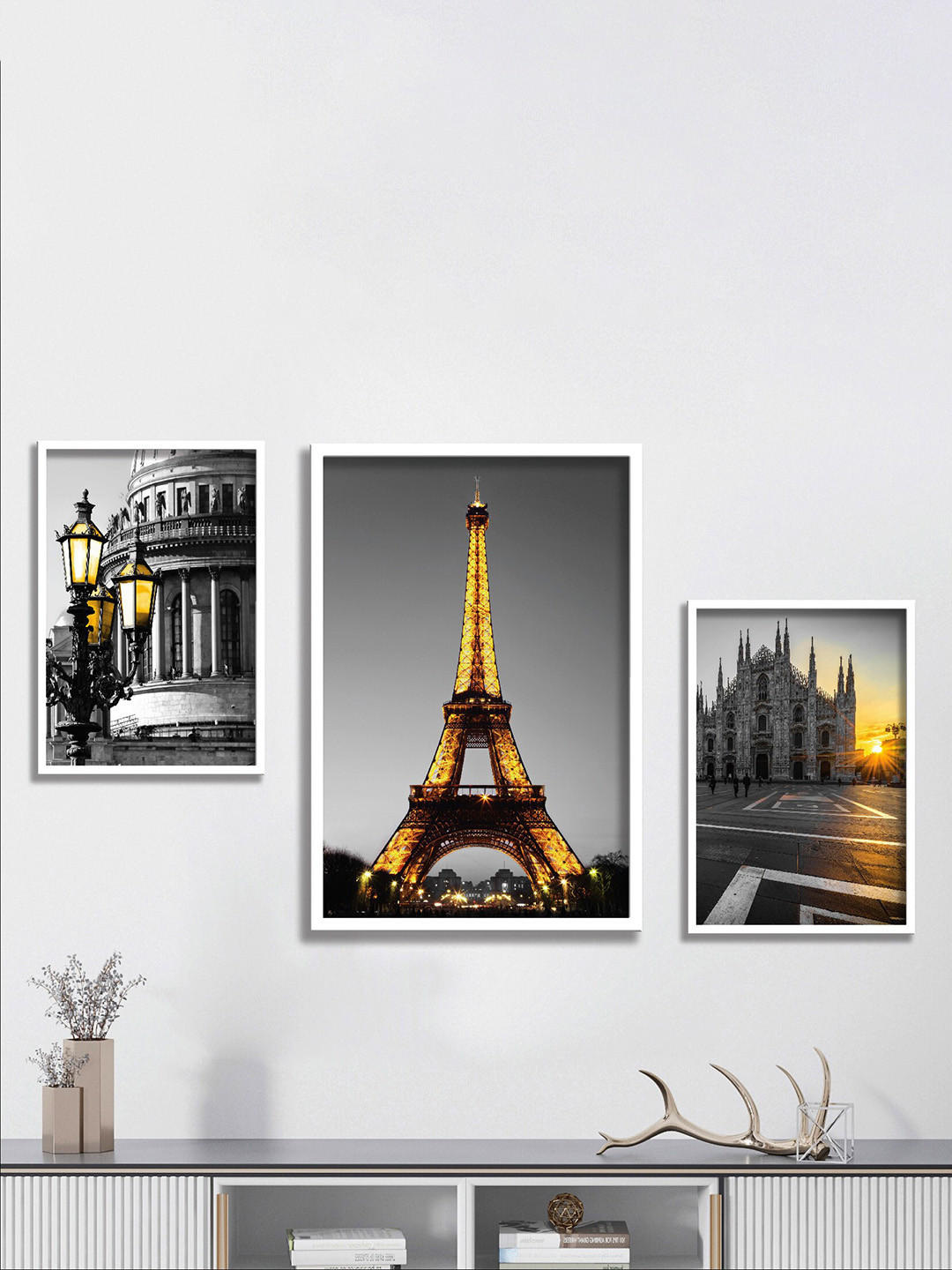 SAF Eiffel Tower Paper 3 Piece Wall Rectangle Paintings Wall Art
