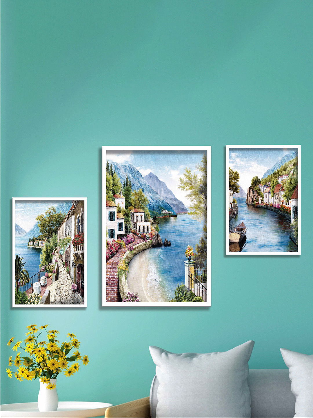 SAF White Canvas 3 Pcs Wall Living Room Rectangle Paintings Wall Art -49.53 x 13.5In