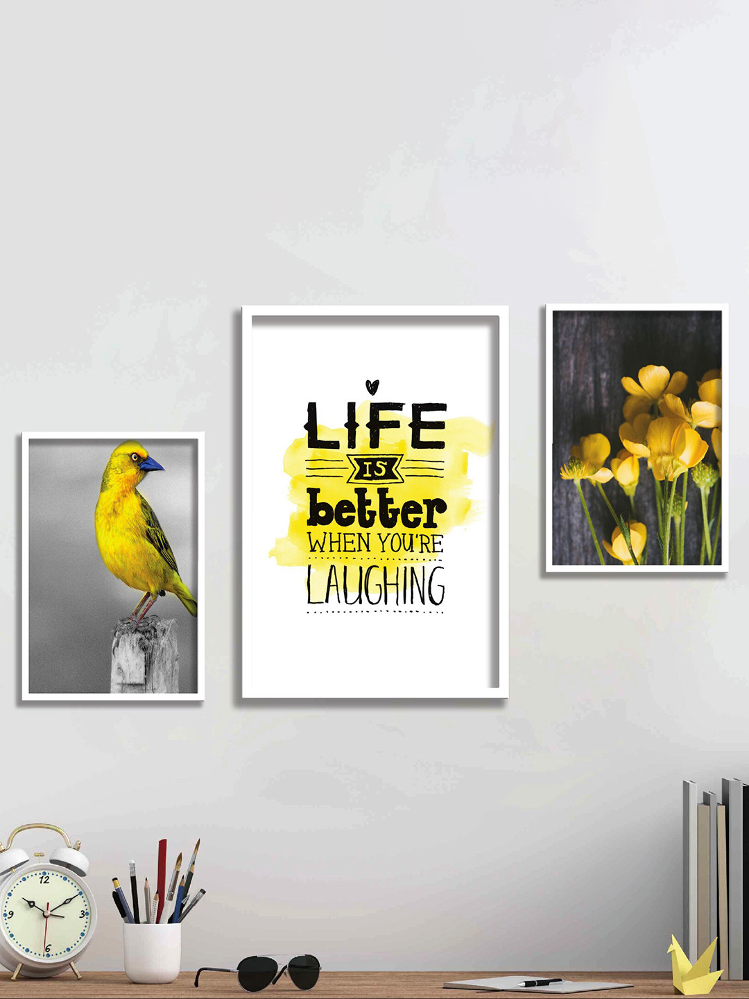 SAF White & Yellow 3 Pieces Motivational Framed Wall Art