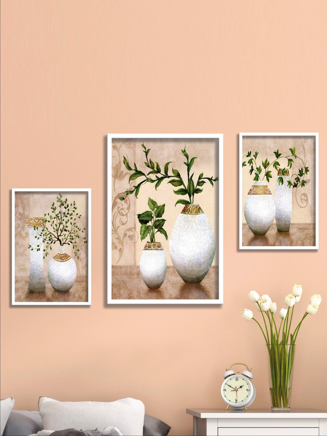 SAF White & Peach-Colored 3 Pieces Framed Premium Wall Art