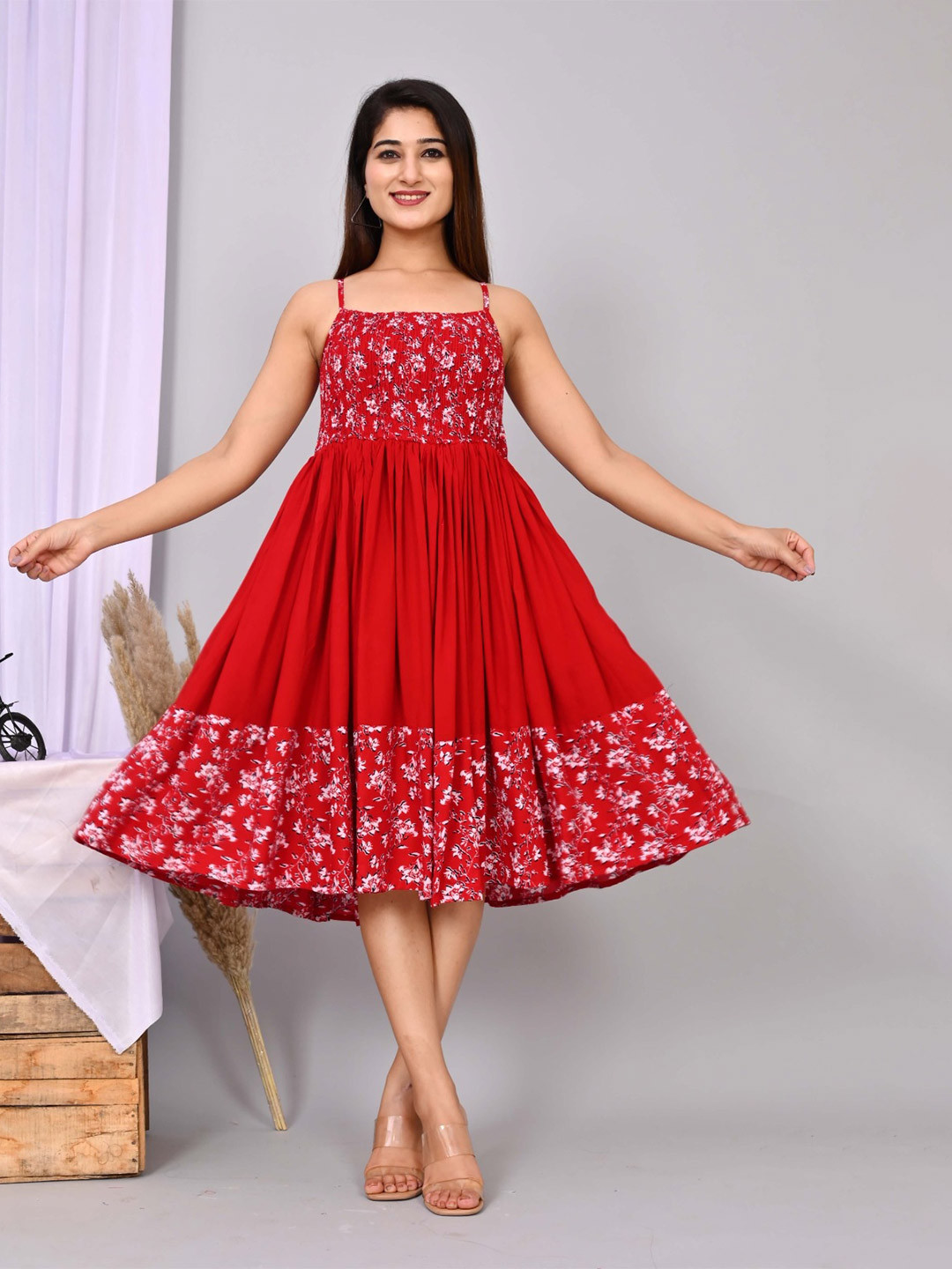 KALINI Floral Printed Shoulder Straps Smocked Fit & Flare Midi Dress