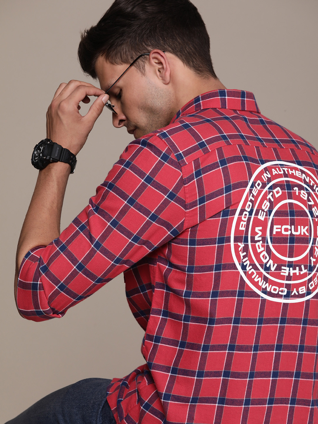 FCUK Opaque Checked Pure Cotton Casual Shirt