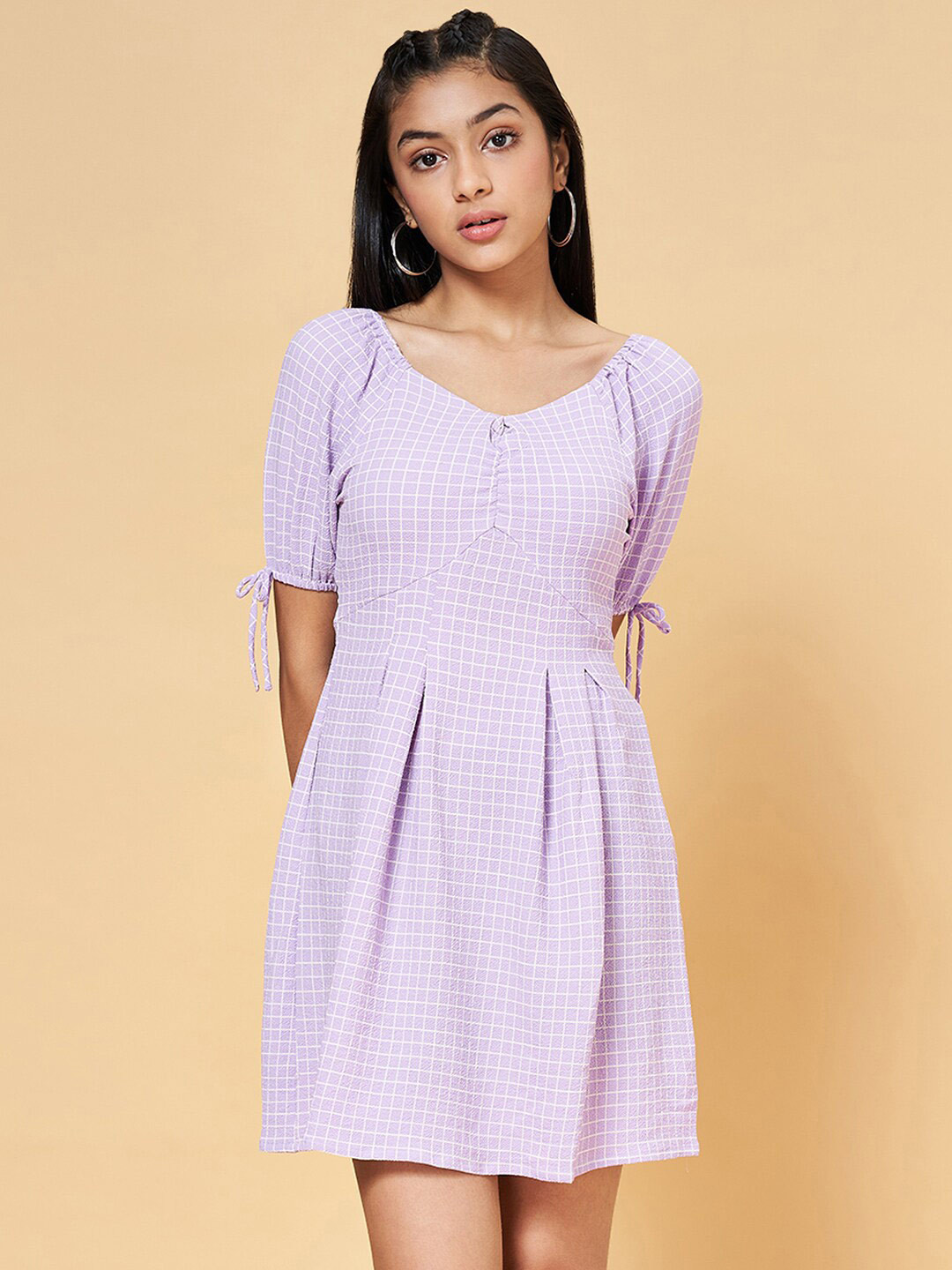 Coolsters by Pantaloons Girls Checked Puff Sleeves Ruched Cotton Fit & Flare Dress