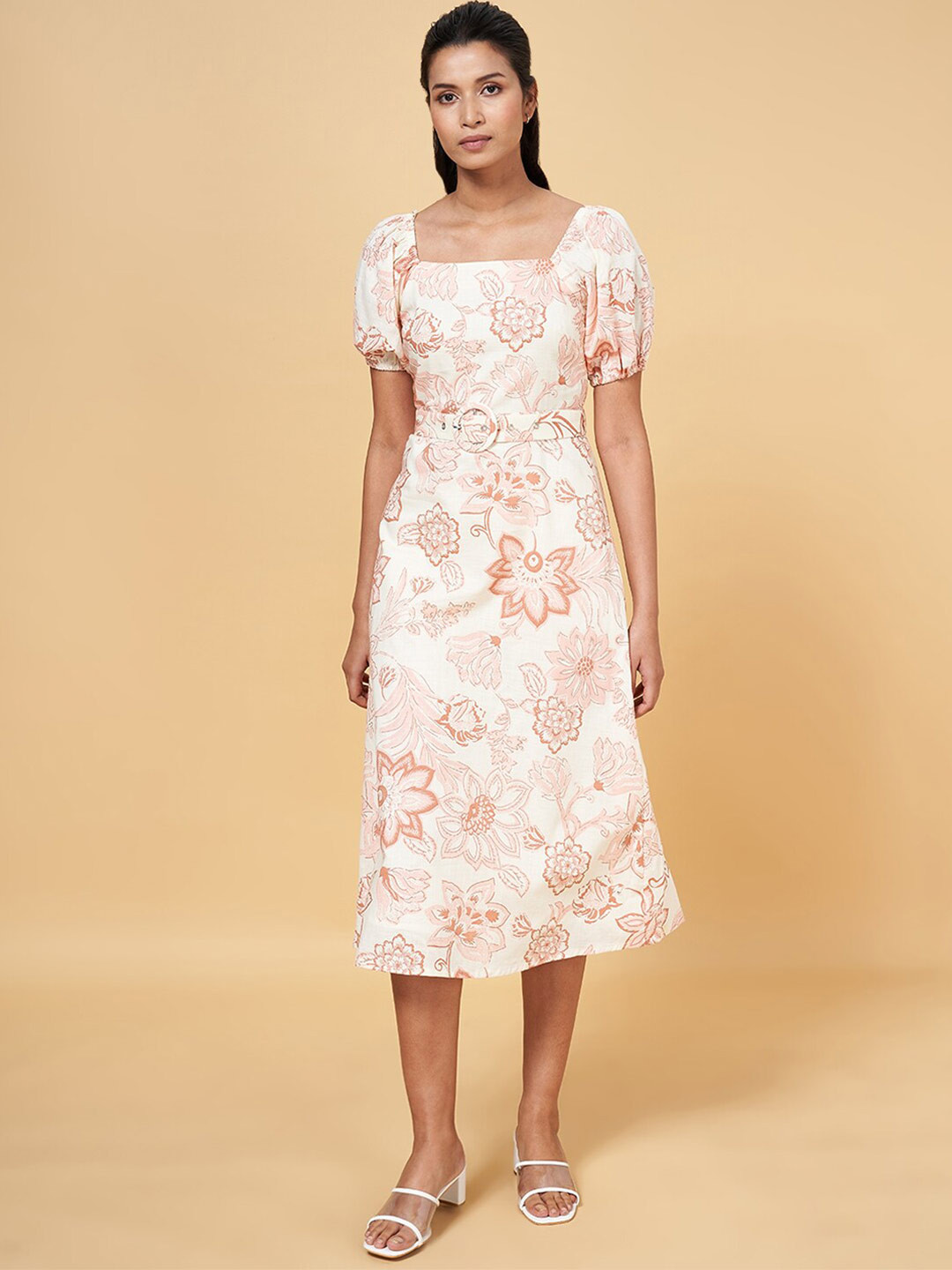 Honey by Pantaloons Floral Printed Smocked Details Cotton A-Line Midi Dress With Belt