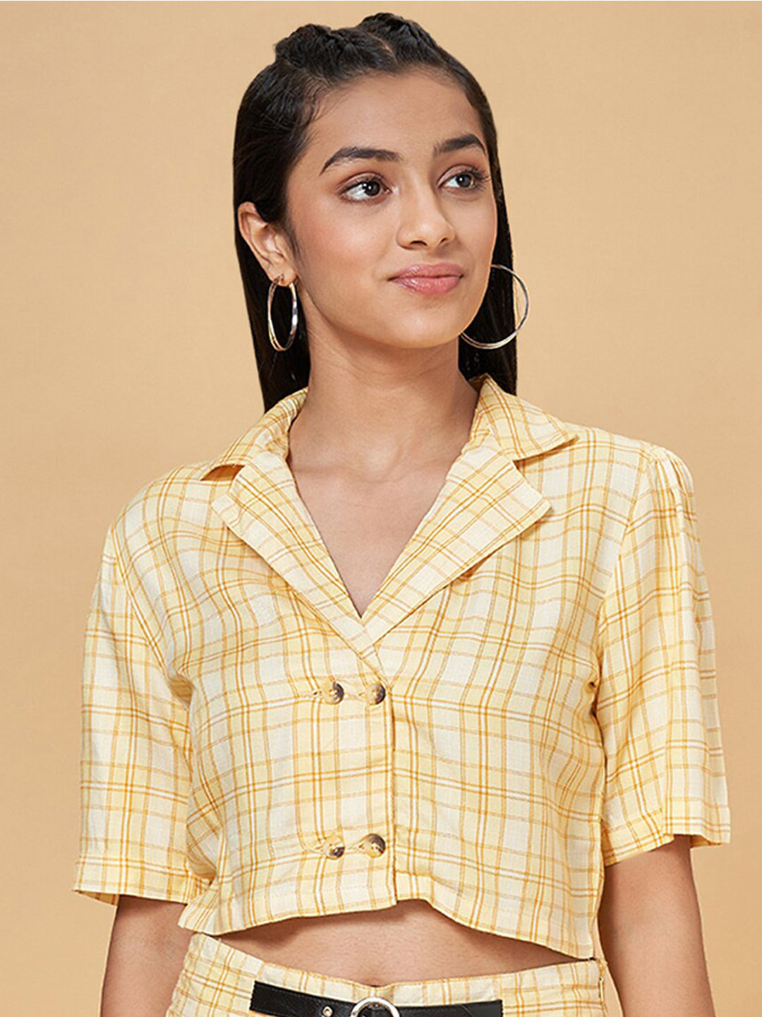 Coolsters by Pantaloons Checked Cuban Collar Crop Cotton Top