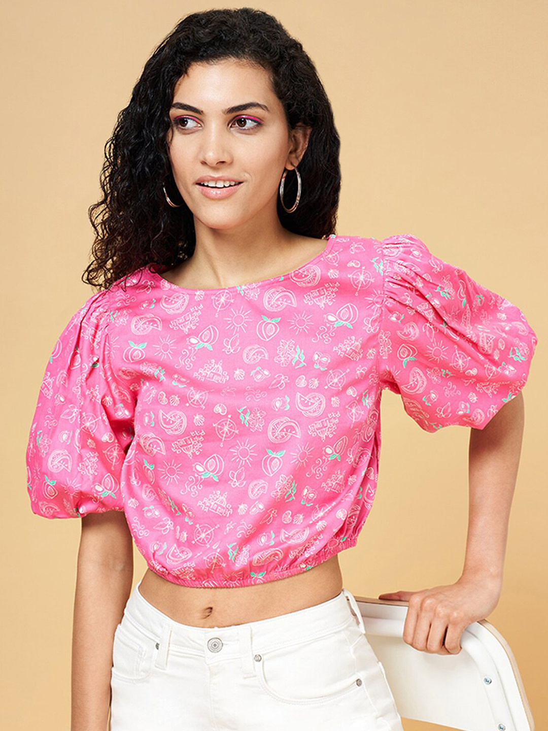 People Pink Printed Puff Sleeve Satin Blouson Crop Top