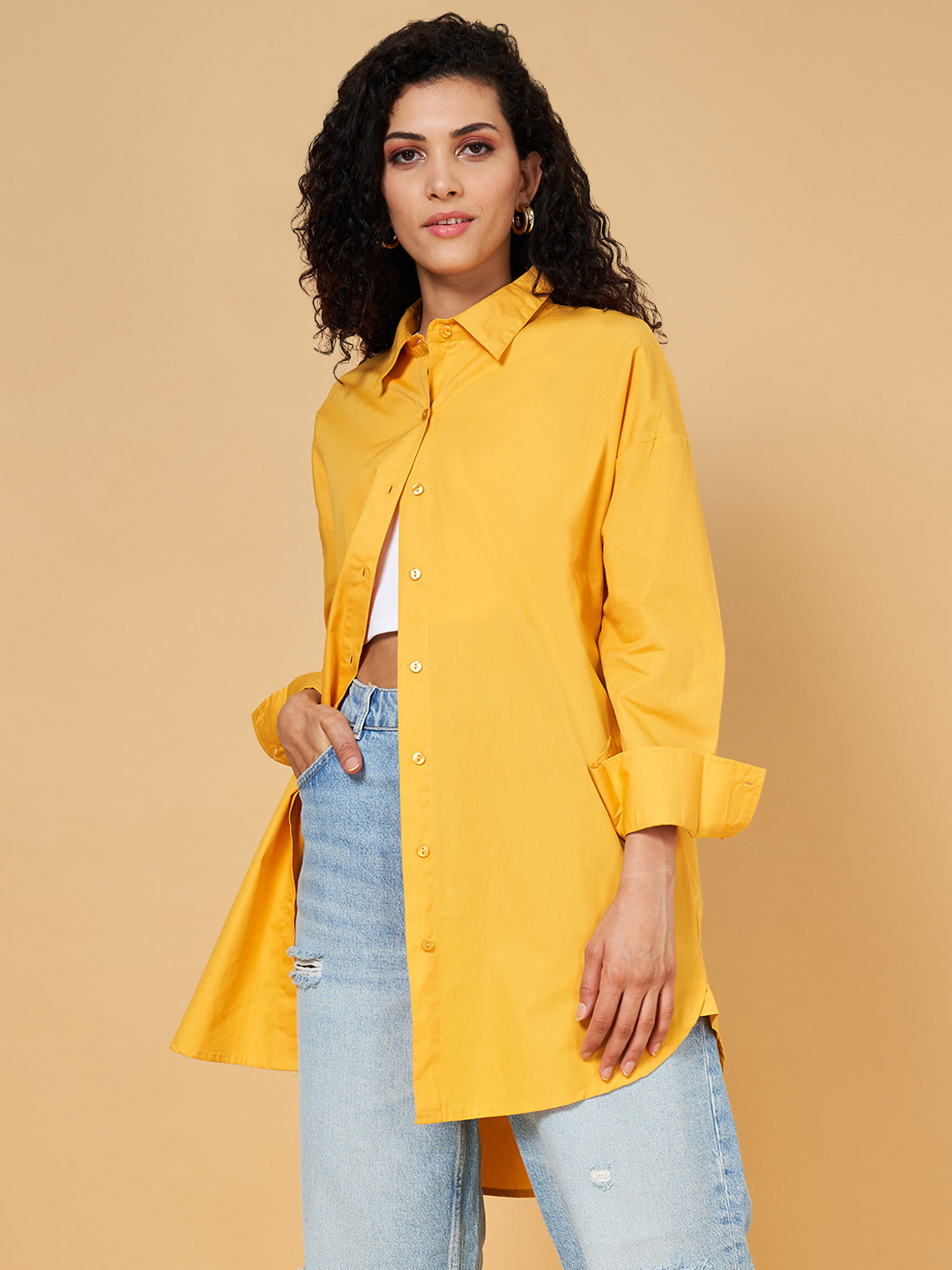 YU by Pantaloons Shirt Collar Cuffed Sleeves Pure Cotton Longline Shirt Style Top