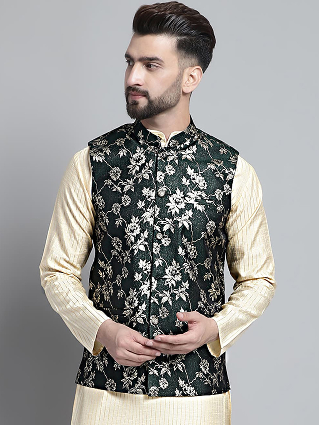 Jompers Ethnic Motifs Woven-Design Nehru Cotton Silk Jacket