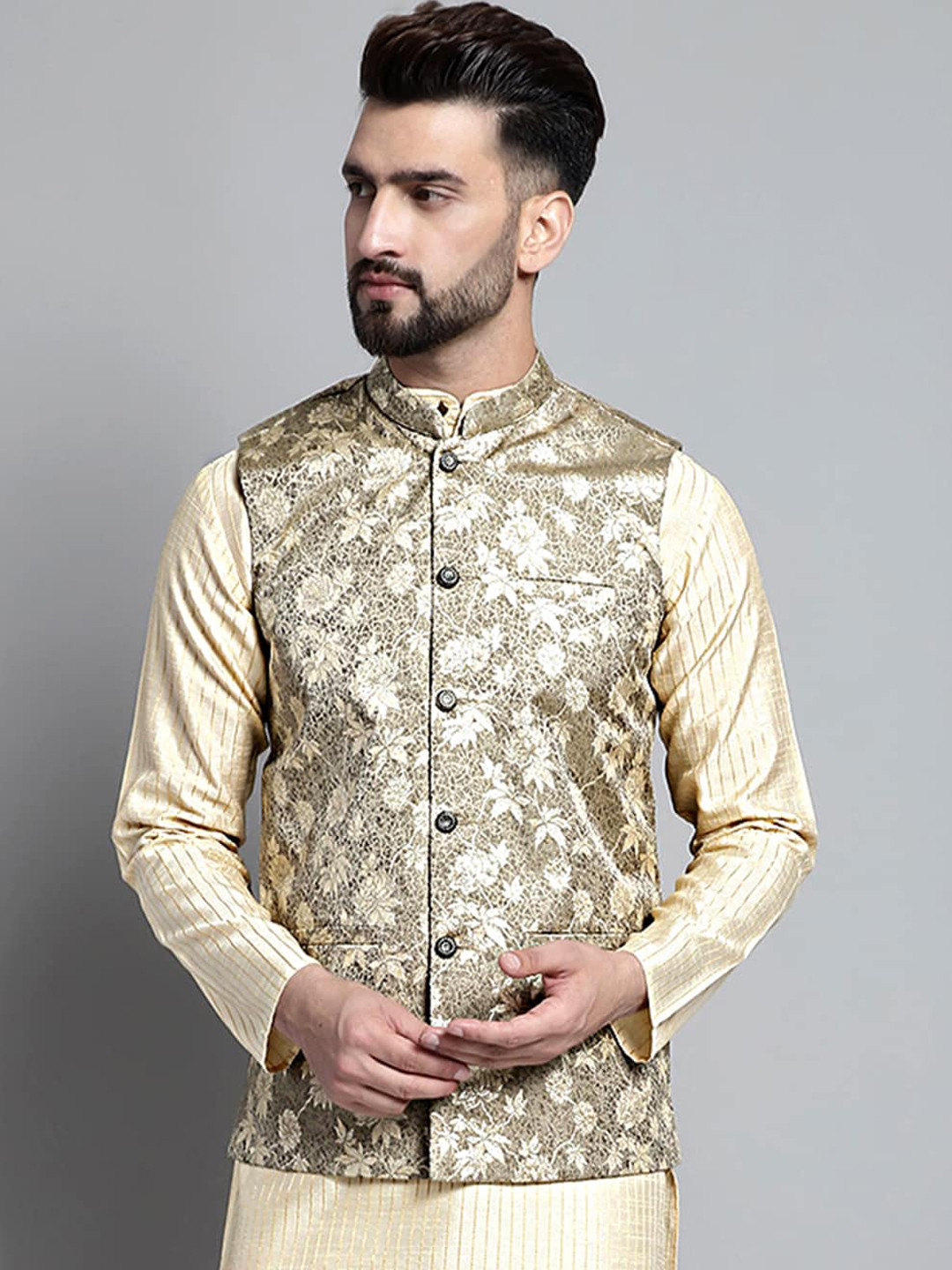 Jompers Ethnic Motifs Woven-Design Nehru Cotton Silk Jacket