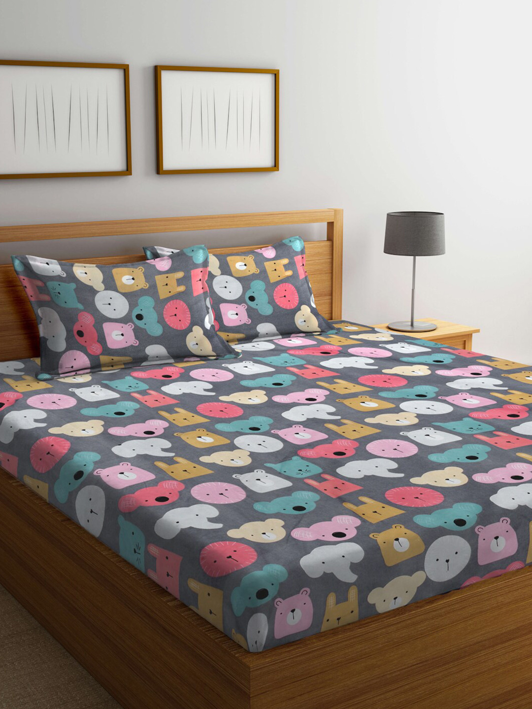 KLOTTHE Grey Cartoon Characters Cotton 300 TC King Fine Bedsheet with 2 Pillow Covers-98 x 89 inches
