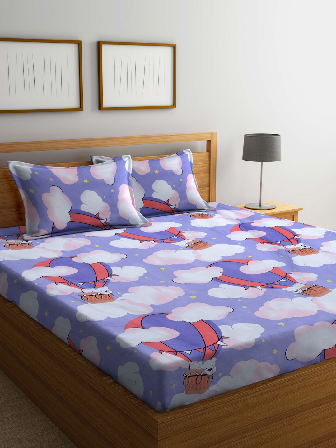 KLOTTHE Violet Conversational Cotton 300 TC King Fine Bedsheet with 2 Pillow Covers-98 x 89 inches