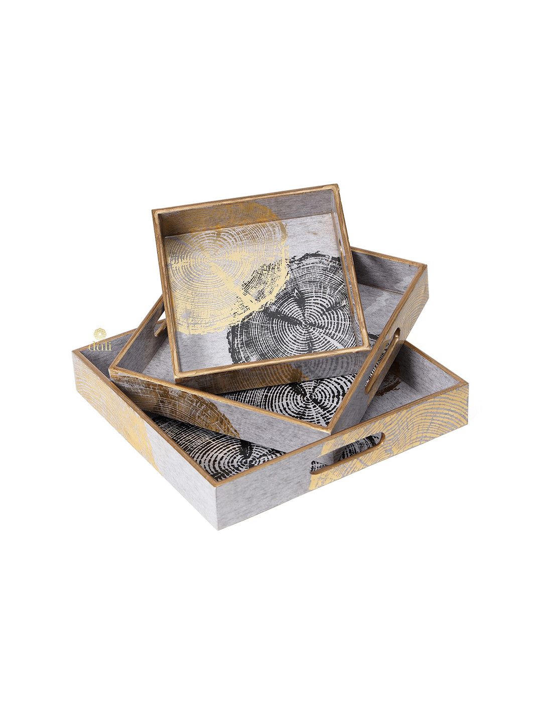 DULI Gold Toned 3 Pieces Enamel Coated Wooden Square Tray with Handle Trays