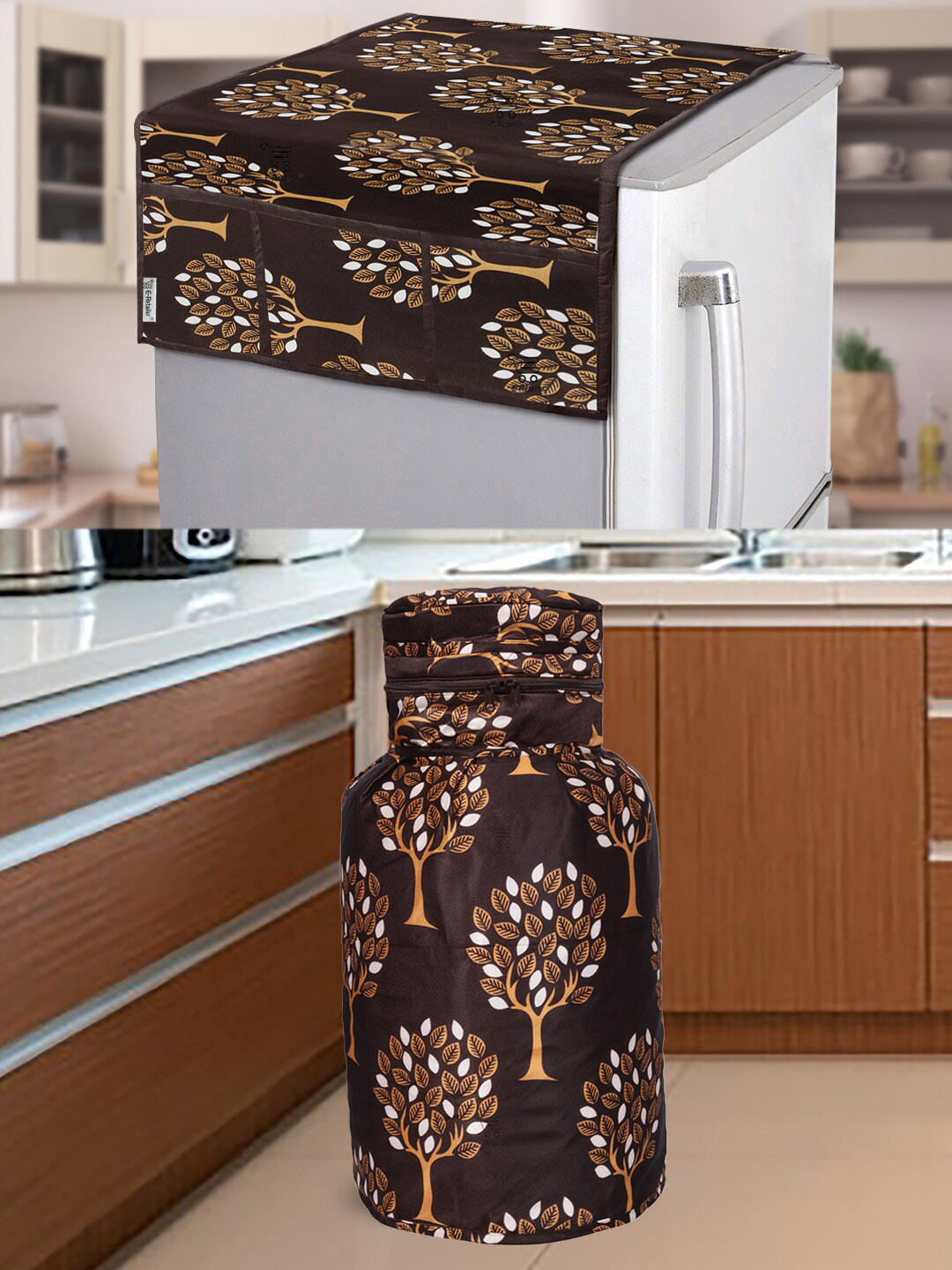 E-Retailer Brown Printed Fridge & Gas Cylinder Cover