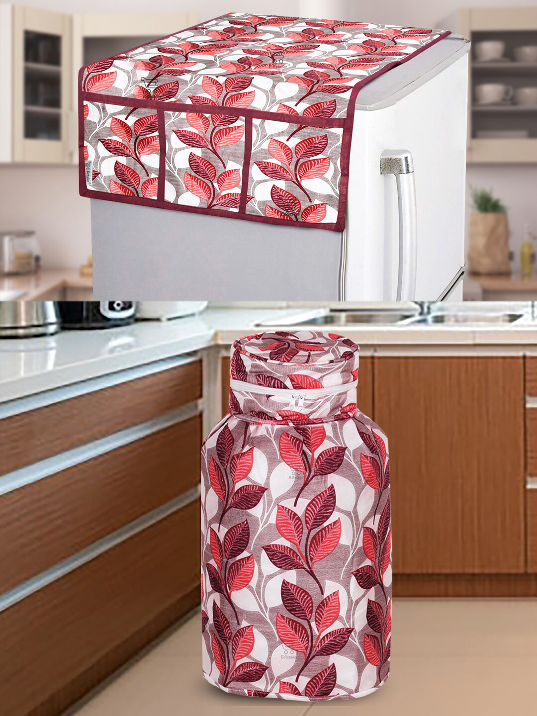 E-Retailer 2-Pcs Pink Printed Refrigerator & Gas Cylinder Appliance Covers
