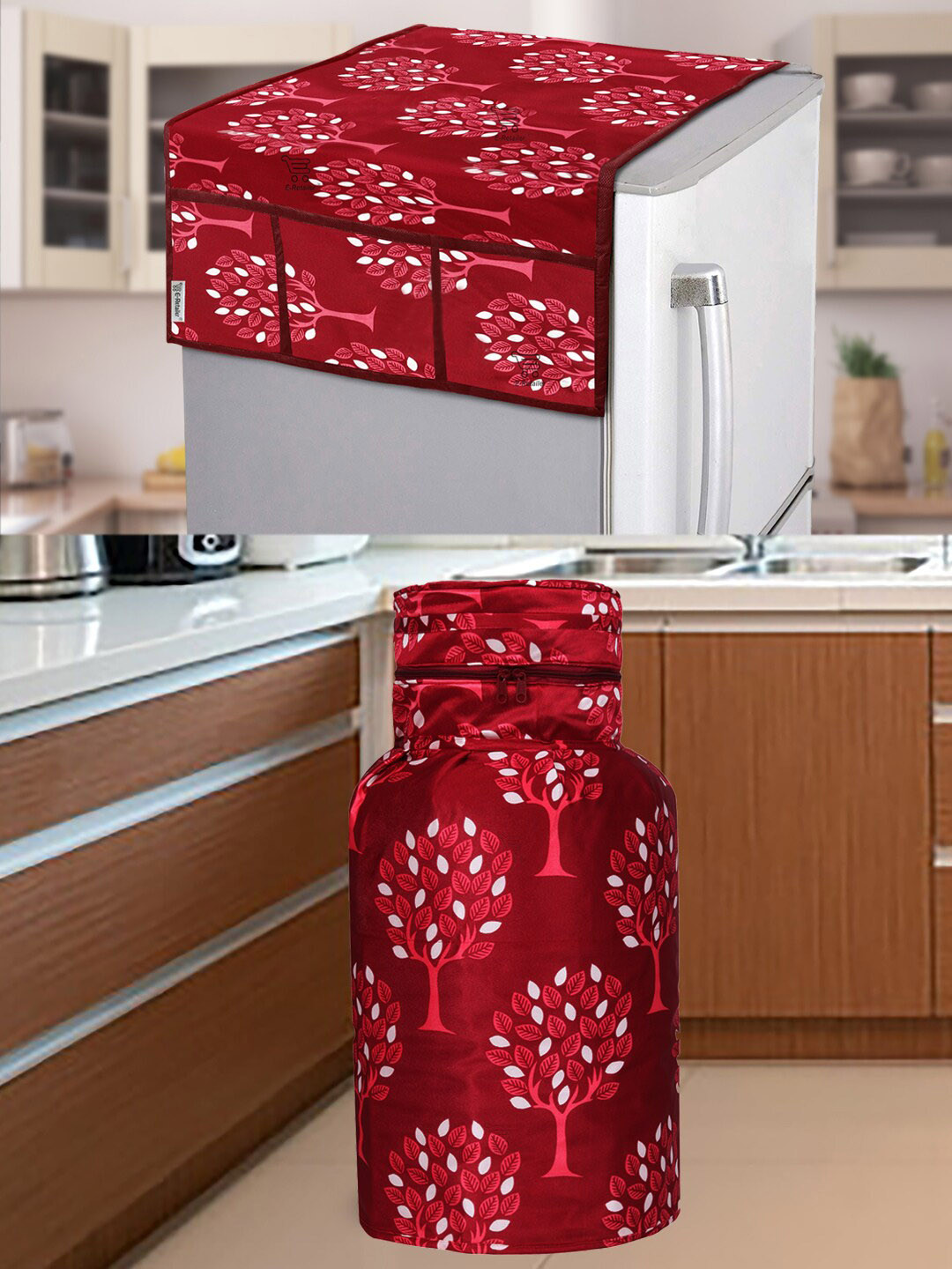 E-Retailer Maroon Printed 3-Layered Fridge Top Cover & Gas Cylinder Cover