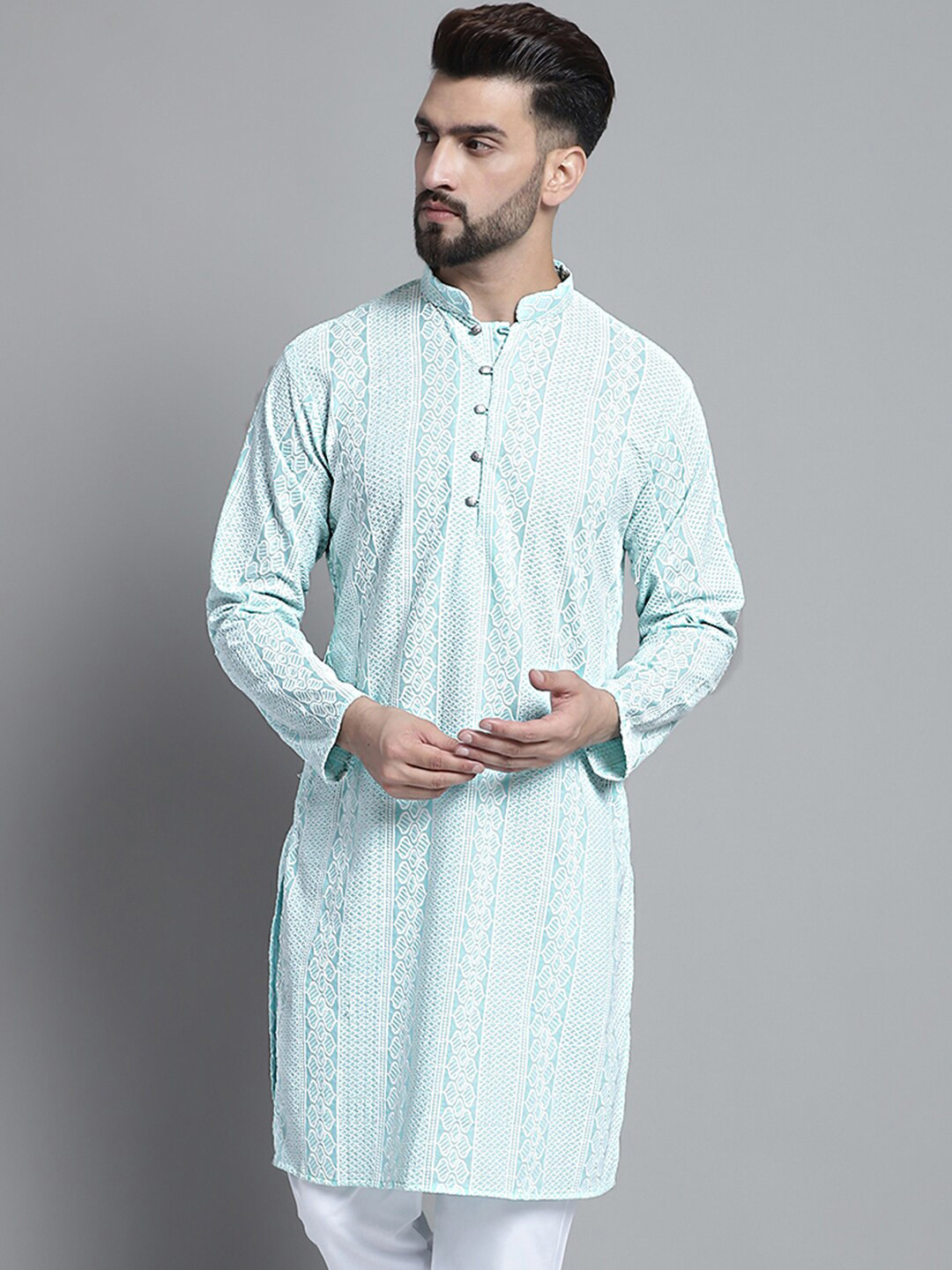 Anouk Turquoise Blue Embroidered Band Collar Cotton Straight Kurta