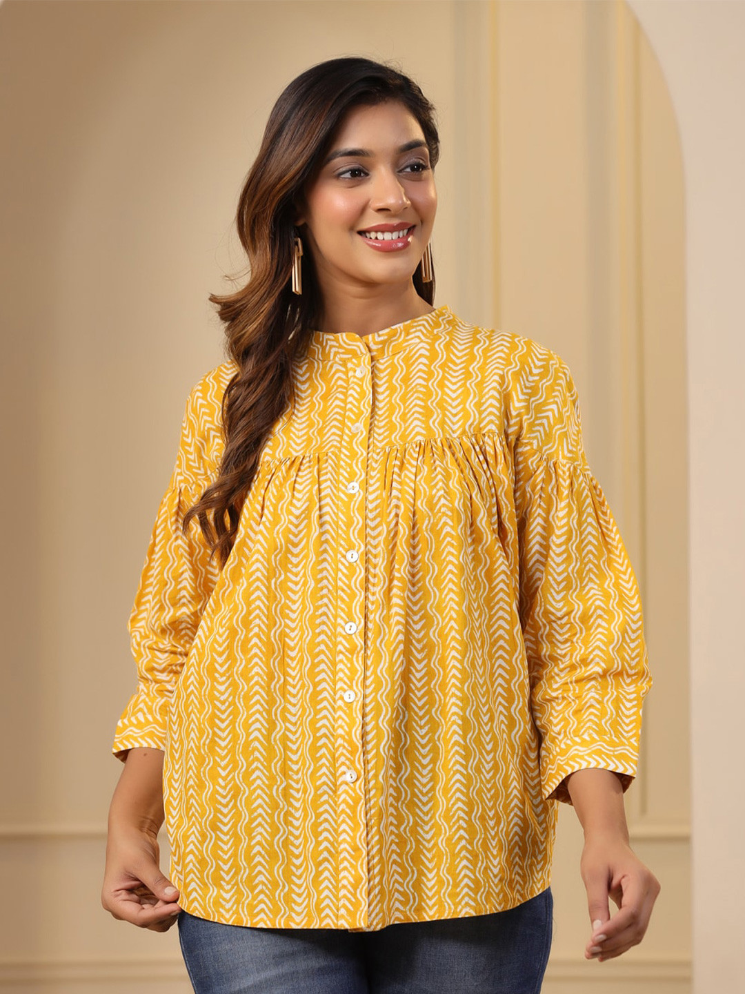 Jaipur Kurti Yellow Ethnic Printed Mandarin Collar Cotton Shirt Style Top