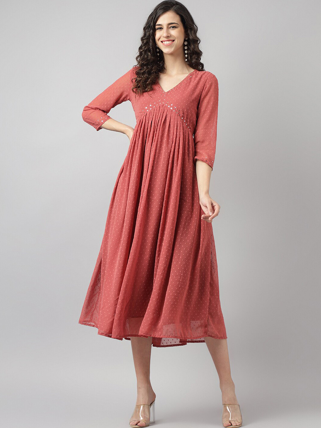 Neemiya Self Design Mirror Work Detail Georgette Dobby Empire Ethnic Dress