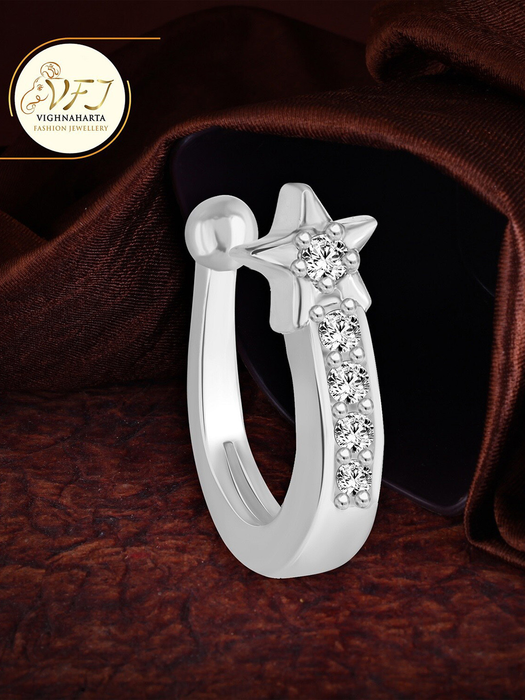 Vighnaharta Rhodium Plated & CZ Silver Nosepin