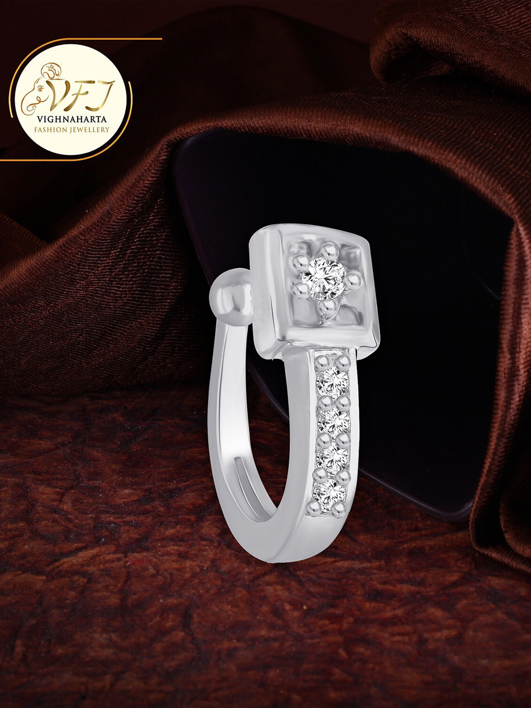 Vighnaharta Rhodium-Plated & CZ Silver Nosepin