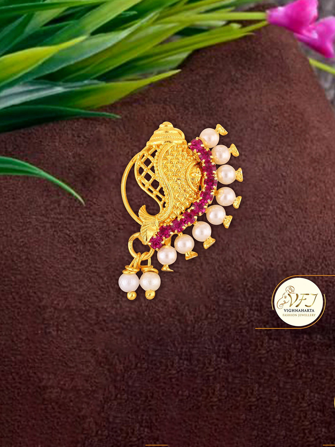 Vighnaharta Gold-Plated Stone-Studded & Beaded Insert Nosepin