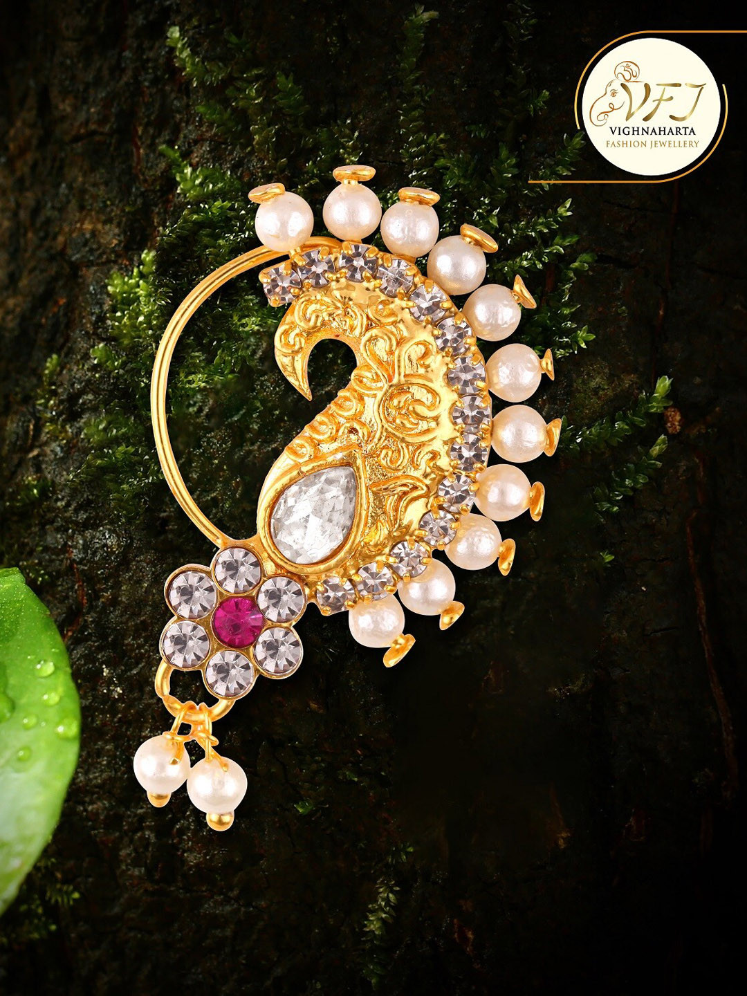 Vighnaharta Gold-Plated Stone-Studded Insert Nosepin