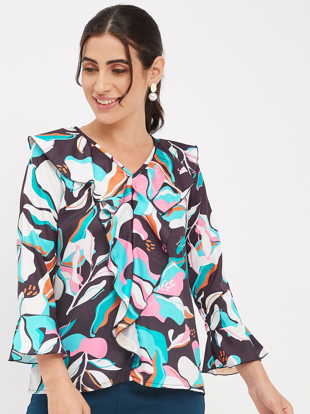 BRINNS Floral Printed Bell Sleeves Ruffle Detailed Top