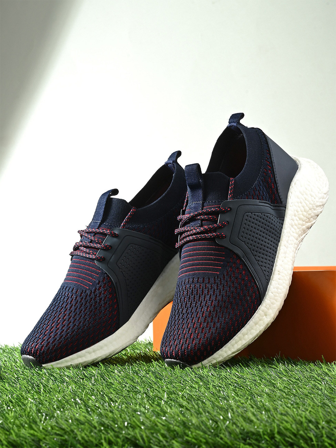 HRX by Hrithik Roshan Men Navy Blue ,Red & White Flyknit Mesh Non-Marking Running Shoes