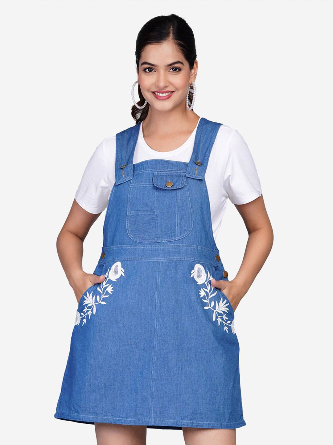 SUMAVI-FASHION Denim Embroidered Mini Pinafore Dress