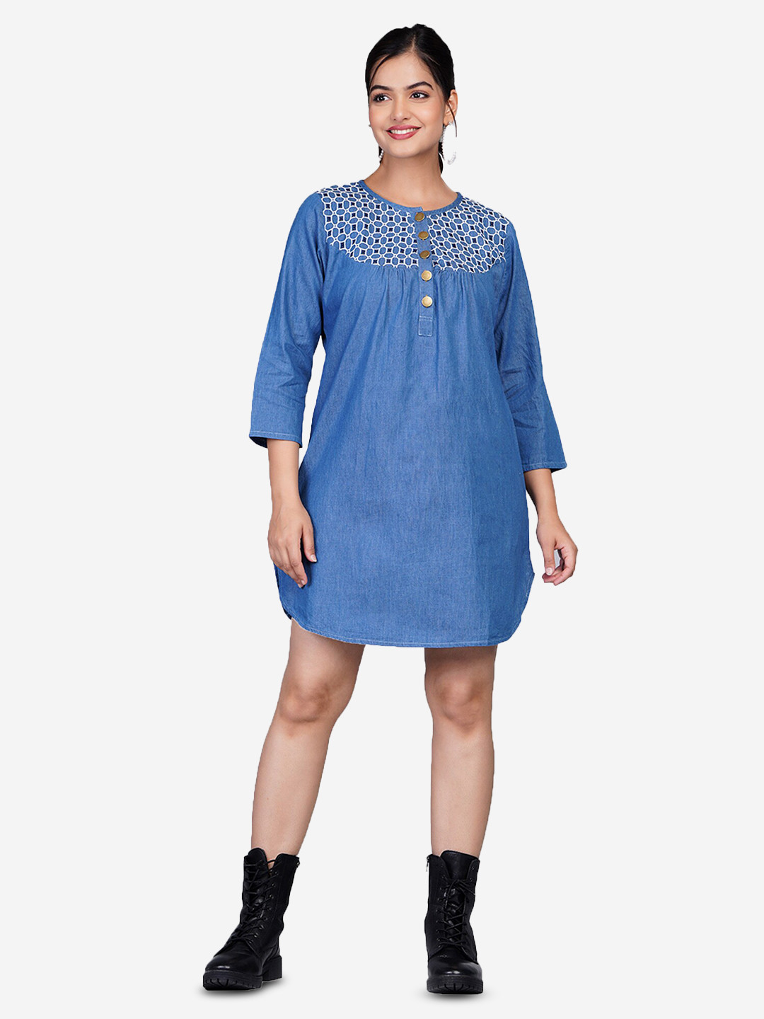 SUMAVI-FASHION Round Neck Lace Up Cotton Denim A-Line Dress